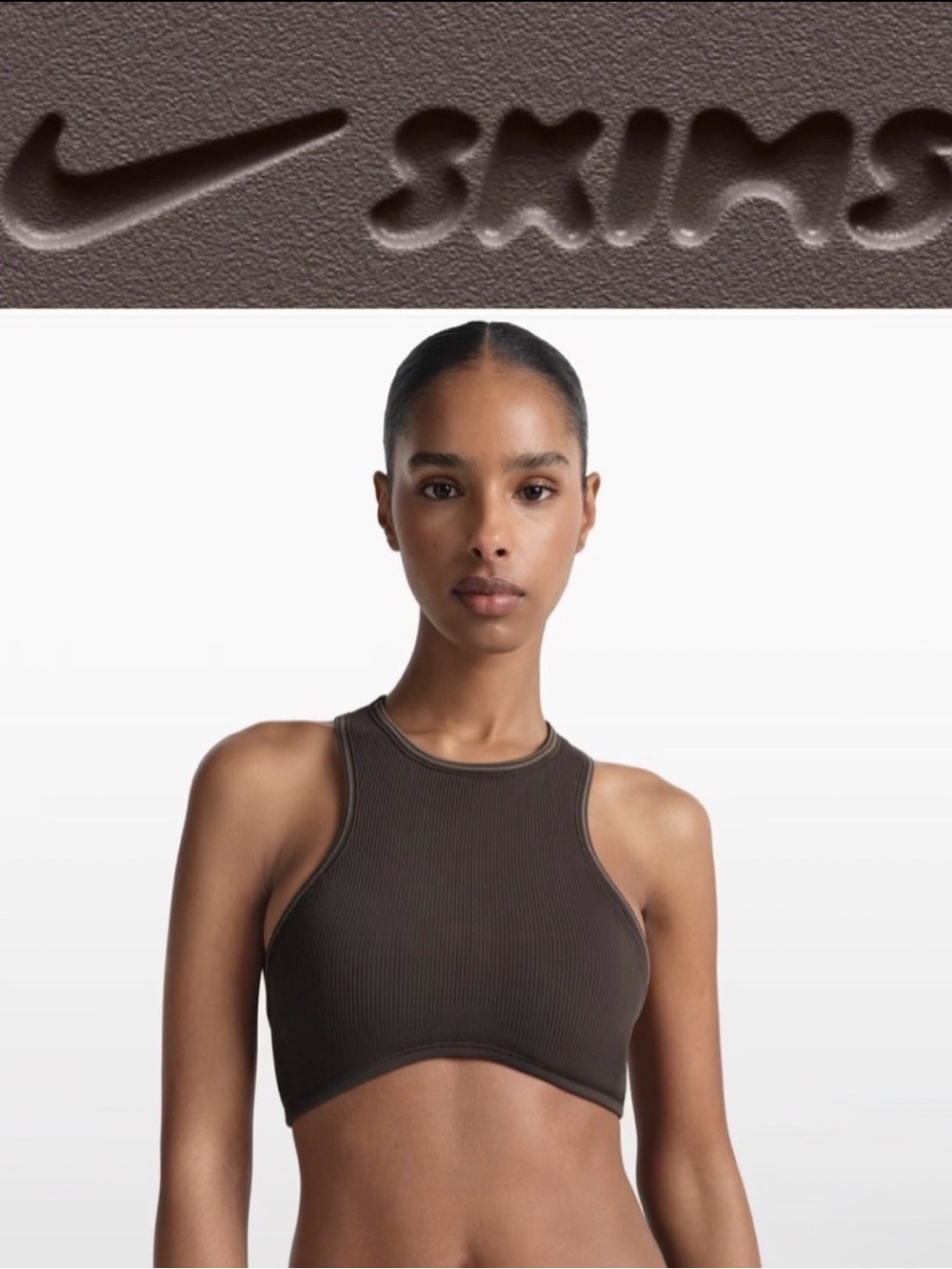 NIKE x SKIMS Ribbed High Neck Brown Sports Bra Top